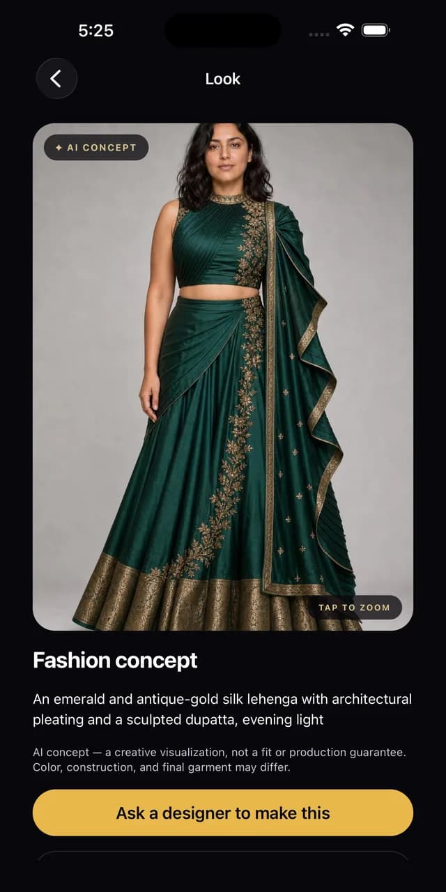 A finished AI fashion concept in the Fashy app