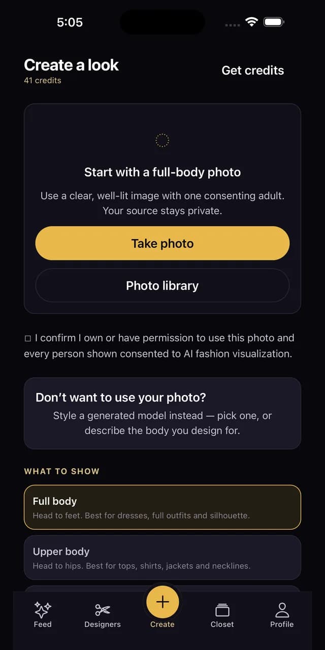 The Fashy Create screen, choosing a style for a photo
